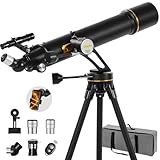 天体望遠鏡 90mm⼤⼝径 700mm焦点距離 - Vertisteel AZ マウントベース、高精度調整 (28x-210x)、天文学者と大人＆子供に最適、ワイヤレスリモート、電話アダプタ付き旅行望遠鏡 (ブラック)