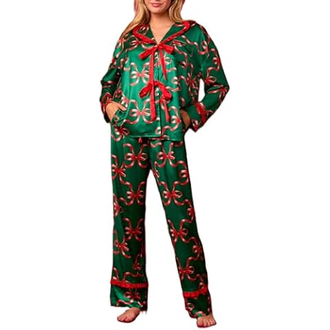 Leyajedol Women Christmas Pajama Set Bow Tie Long Sleeve Shirt Pants Xmas Graphic Satin 2 Piece Pjs Holiday Sleepwear Cover