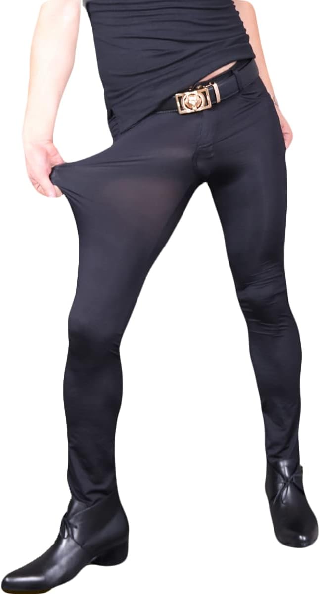 Men's Sexy Ice Silk High Elastic Sheer Tight Fitting Leggings Slim Fit Skinny Casual Long Pants Smooth Trousers