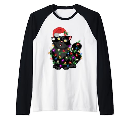 Black Cat Christmas Ugly Sweater Gift Funny Santa Cat Maglia con Maniche Raglan