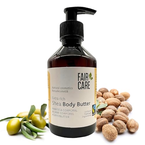 FAIR CARE Manteca corporal con manteca de karité de 240 ml con dispensador de bomba, crema hidratante, mantequilla corporal de comercio justo para piel seca, ingredientes naturales