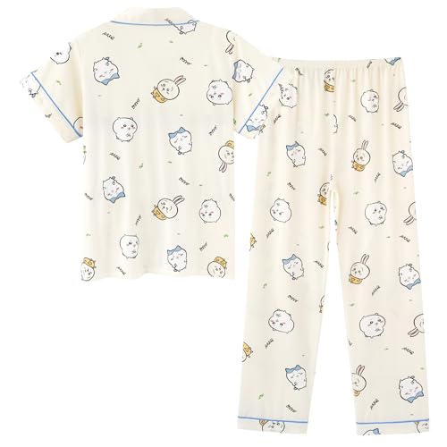 Cartoon Pajamas Set Petite Women Girls Short Sleeve Shirt and Pants 2 Piece Pj Set Button Down Sleepwear Loungewear2