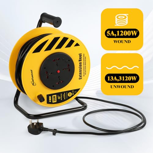 30M Extension Outdoor or Indoor Lead 4 Socket Extension Reel Heavy Duty Extension Cable Thermal Cut Out UK Outdoor Plug Extension Lead for Garden Garage Camping