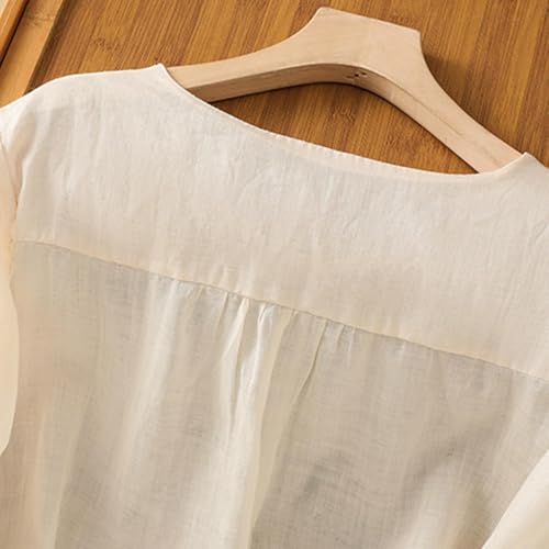 Cotton Tops for Women Embroidered Linen Gauze Shirts Dressy Peasant Blouses Beige L - image 4