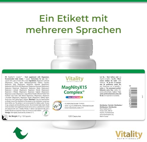 Magnesium Komplex MagNityX15 15 Magnesiumverbindungen inkl. Magnesium Bisglycinat Citrat & Malat 400 mg pro Tagesdosis 120 Kapseln Muskeln Knochen Nerven Vitality Nutritionals by Vitamin Express