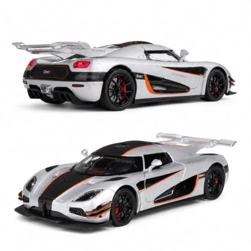 Image of 1:24 Scale Koenigsegg One:1 Diecast Model Car with LED Lights & Engine Sound | Premium Metal Body | Openable Doors via Roof Button | Realistic Collectible Toy for Kids & Adults- Silver