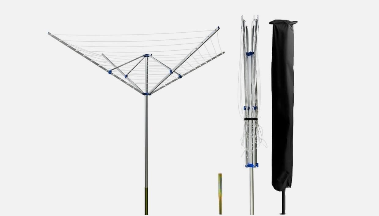 Monal See Images Rotary Airer 4-Arm 50M – Lightweight Aluminium Outdoor Clothes Dryer With Ground Spike And Protective Cover
