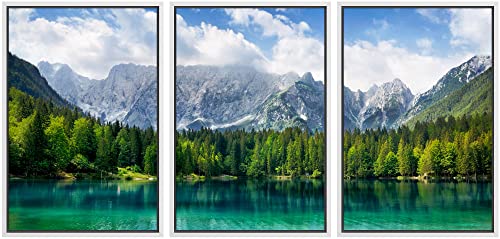 wall26 Framed Canvas Print Wall Art Set Blue Mountain with Emerald Forest & Lake Nature Wilderness Photography Realism Rustic Scenic Relax/Calm for Living Room, Bedroom, Office - 24"x36"x3 White