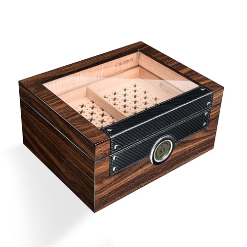 Volenx Cigar Humidor Cedar Wood Humidor Cigar Box with Digital Hygrometer Humidifiers Glass-Topped Handcrafted Cigar Humidor Box for Cigars