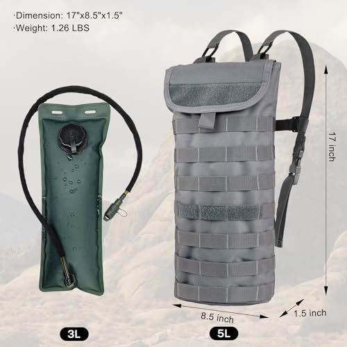 Hannibal Tactical 5L Hydration Pack, Water Backpack with 3L Water Bladder, MOLLE System for Outdoor Hiking, Biking, Running, Grey