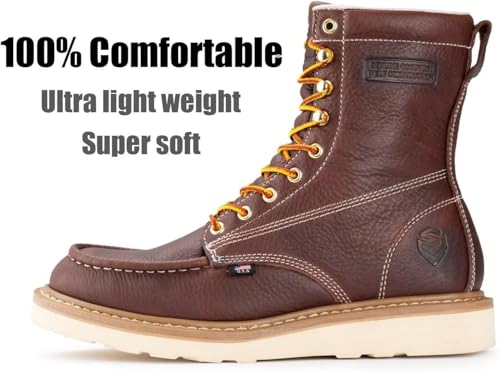 SUREWAY Mens 8 in Wedge Moc Soft/Steel Toe Work Boots for Men,Full-Grain Leather,Goodyear Welt,EH,Safety Industrial Construction Boots/Shoes for Women,Soft Toe Dark BROWN,Size 102