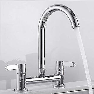 Stronghigheu Mixer 2 Hole 360° Swivel Spout Chrome Dual Lever Sink Bridge Taps, Cold and Hot Water, Deck Mounted Kitchen
