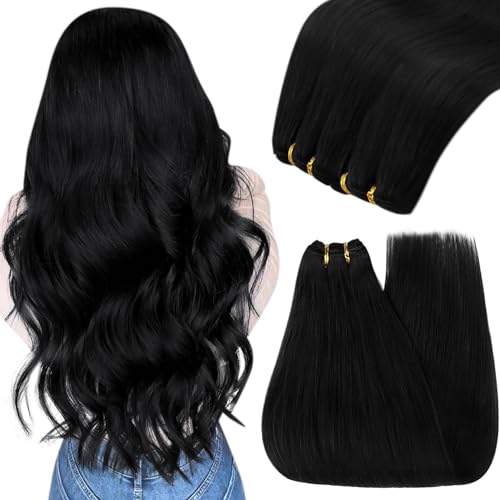 Image of YoungSee Weft Hair Extensions Black Straight Human Hair Weft Extensions Jet Black Sew in Hair Extensions Real Human Hair for Natural Look 12Inch 70G