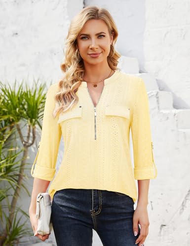 Image of Bulotus 3 /4 Length Sleeve Womens Striped Tops Zipper V Neck Collared Blouses Business Casual Tunics 2026 Spring Trendy