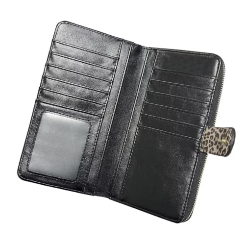 Image of COEQINE Ladies Wallets Pink Leopard Heart Black Printed Leather Phone Long Clutch Purses Check Coin Change Holder