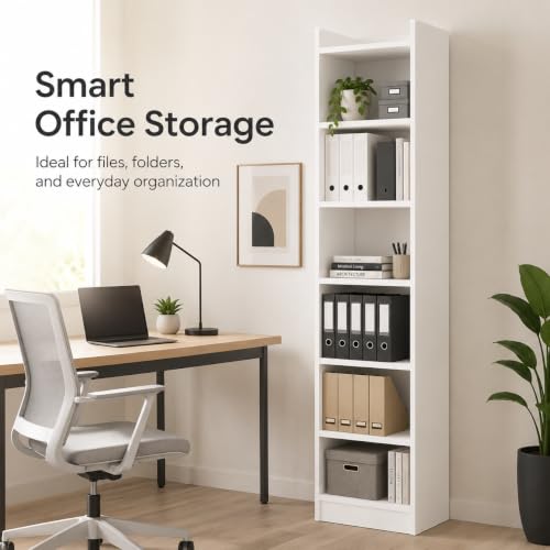 Image of FURLAY SlimTower 180 cm Tall Bookshelf, White 6-Tier Slim Open Shelf Organizer, Space Saving Book Rack for Bedroom, Study Room, Living Room, Office, Kids Room & Decor Storage (FWBS7L-White)
