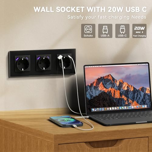 BSEED Steckdose mit USB C 20W, Schnellladen Wandsteckdose mit Krallen, EU-Standard Einbausteckdose Unterputz, Einfach Montage, 16A 250V, NEU E-Serie,3 Fach,228mm Schwarz