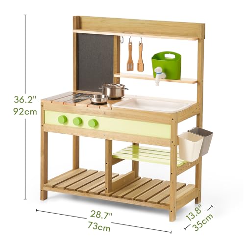 Gaint Bean Outdoor-Matschküche aus Holz – Spielküchen-Set für Kinder von 3-8 Jahren, für Jungen und Mädchen – Innen- und Außenaktivitäten mit Wasserspüle (Wood)