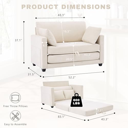 Image of 52 inch Loveseat Sleeper Sofa Bed, Convertible Small Pull Out Couch with Solid Back, 2 Pillows, Modern Upholstered Loveseat for Compact Living Room, Apartment, Bedroom, Beige