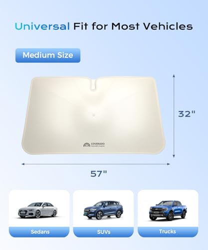 Image of [2026 Upgrade] Coverado Windshield Sun Shade, UPF80+ Sunshade for Car Windshield Blocks Heat & UV Rays, Thickened Vinyl Coating Keep Cool Protect Interior, M 57 inchx32 inch for Sedans /SUVs