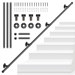 Handrails for Stairs, SenDeluz 3M Metal Stair Handrail for Indoor Outdoor Wall Mounted Handrail Non-Slip Galvanized Iron Industrial Pipe Stair Rail for Wear-Resistant, Corrosion-Resistant