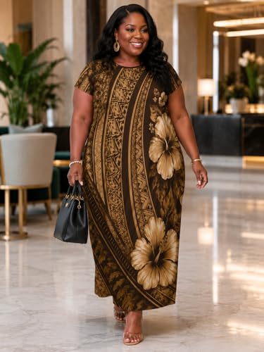 Image of Plus Size Maxi Dress for Women Short Sleeve V Neck Casual Loose Sundress with Pockets