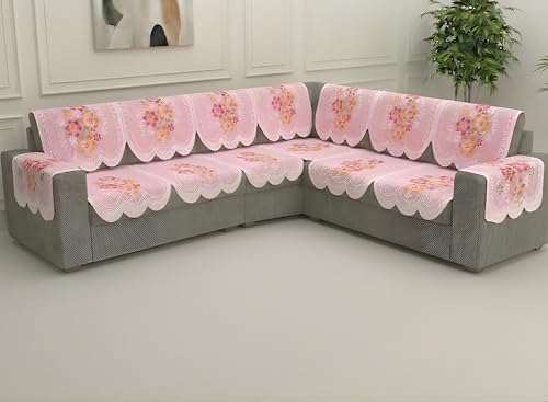Image of Fab Nation Sofa Cover L Shape 6 Seater with Corner L Type Fully Covered Sofa Set for Living Room | Cotton Sofa Slipcovers for 3 + 3 Seaters Cover with 2 Arms | Pink Flowers