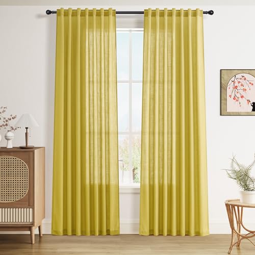 Image of Nanspring Linen Curtains 84 Inch for Living Room Back Tab Celery Yellow