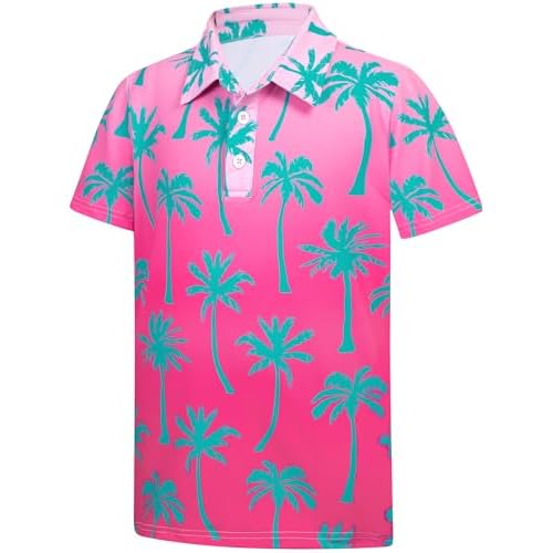 HOZIY Boys Polo Shirt Short Sleeve Collared Golf Shirts Funny Stretch School Uniform for Kids Size 5-14 Years Palm Tree 03 13-14 Years
