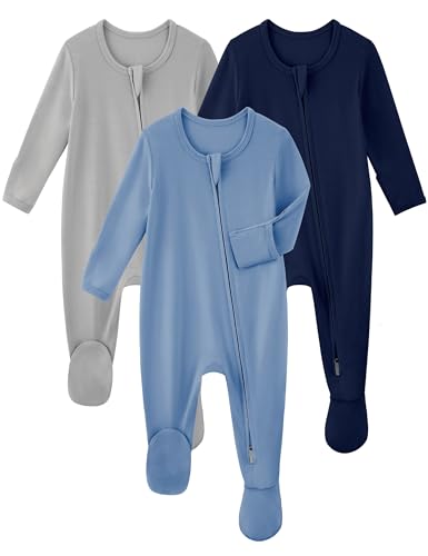 Image of Yoofoss Rayon Made From Bamboo Baby Pajamas 3pcs Newborn Sleepers For Boy Girl Clothes, 3-6 Months Footed Pajamas Zipper Baby Pjs with Mitten,Blue&grey&navy