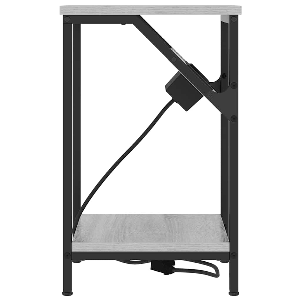 Mesa de Noche Moderna con Estantería Integrada y Fuente de Poder, Diseño Rectangular con Patas de Acero Negro y Superficie de Madera Resistente para Dormitorio Contemporáneo
