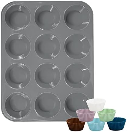 katbite Silicone Muffin Pan Grey, 12 Cups Cupcake Pan With 6 baking cups, Non-stick and Dishwasher Safe, Square Silicone Baking Pan, Great for Making Muffin Cakes, Tart, Bread