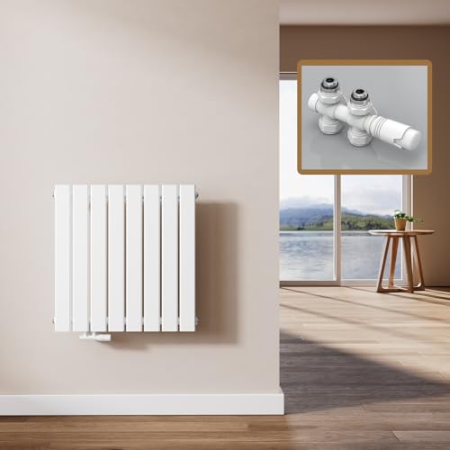 EMKE Radiatore Design, 63 x 62 cm, Radiatore Piatto da Parete in Acciaio, Pannello Singolo, Attacco Centrale, Bianco, 450W (valvole incluse)