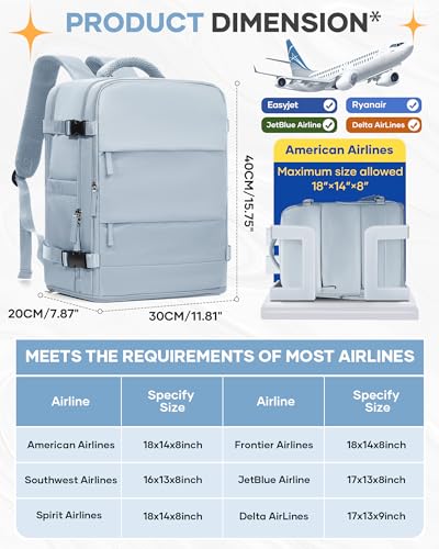 Image of coofay Travel Backpack Carry on Flight Approved Mochila De Viaje Carry on Backpack for Airplanes Spirit Airlines Personal Item Bag 18x14x8 Inches Travel Bag Traveling Backpack for Women Men Grey Blue