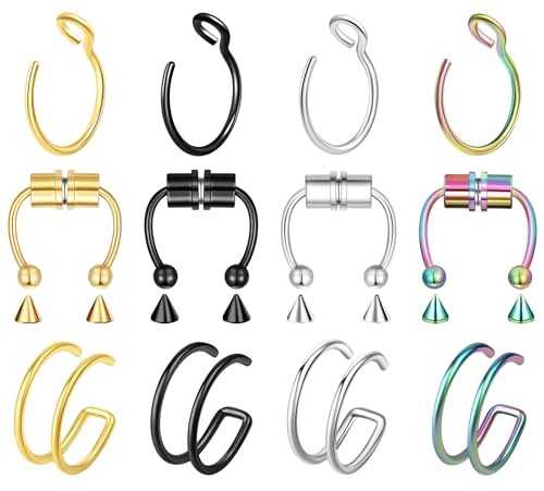 5-12 Pcs Nose Rings Hoops Nose Piercings Nose Piercing Jewelry Fake Nose Ring Fake Piercings Septum Lip Double Hoop Nose Ring Hoop Nose Rings for Women Clip On Helix Cartilage Hoop Earrings