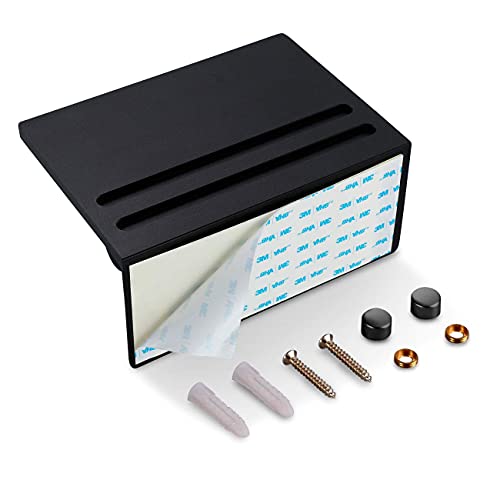 Smarthome Toilet Paper Holder With Shelf, Black Anti-Rust Aluminum Tissue Roll Holder With Mobile Phone Storage Shelf For Bathroom, 3M Self Adhesive No Drilling Or Wall Mounted With Screws #TOP5