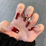 MISUD Press on Nails Long Coffin Fake Nails Glossy Glue on Nails Wine Red Ombre Acrylic Nails Ballerina Burgundy Gradient Artificial Nails Rhinestone Stick on False Nails with Design 24 pcs