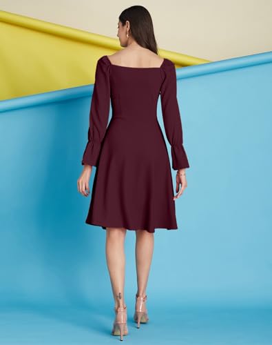 Image of SIRIL Women's Full Sleeve Polyester Solid Fit & Flare Dress, One Piece Dress for Women