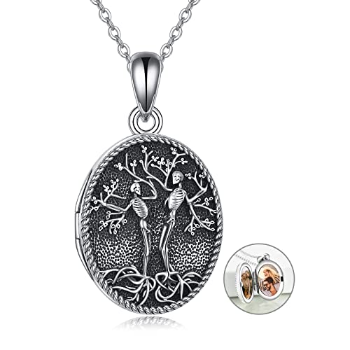 Onefinity Skull Locket Necklace Sterling Silver Skeleton Tree Of Life Locket Necklace That Holds Pictures Couple Skull Locket Pendant Halloween Jewelry Gifts For Women Wife Mom #TOP2