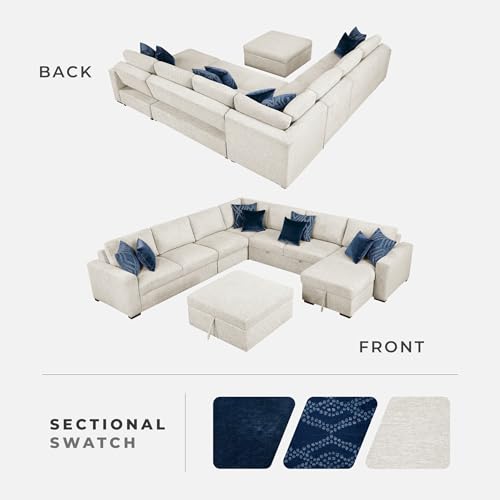 Lexicon 140 Inch Sectional Couches for Living Room-Modular Sectional Sofa, Pull Out Bed, Storage Ottoman, 8 Pillows, Reversible Storage Chaise, Adjustable Backrests, U Shaped 7 Seater, Fabric Beige - Image 7