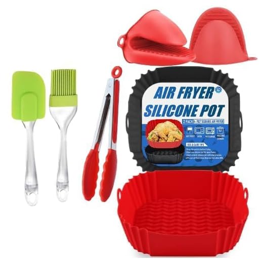 Axenta p2 Square Air Fryer Package - 6 Pack Air Fryer Liners & Accessories - 8.5 inch (5-9 Qt) Food Grade BPA-Free Reusable Silicone Baskets/Pots/Liners with Oven Mitts, Basting Brush and 9 Inch Tongs