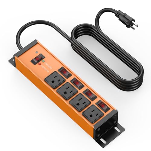 CCCEI Magnetic Heavy Duty Power Strip Surge Protector 20 AMP Individual Switches. 12 Gauge Extension Cord with Multiple Outlets. Garage Industrial Wall Mount Electric Extender. 6FT Orange.