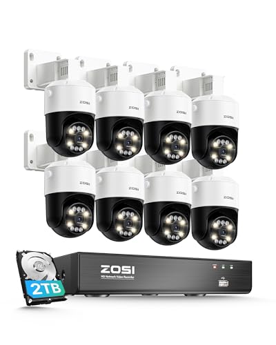 ZOSI 4K PoE Security Camera System with AI Face Person Vehicle Detection, 8 x 8MP 4K Outdoor Auto Tracking PT PoE Camera with Floodlights and 2-Way Audio, 8CH 8MP NVR with 2TB HDD (16CH Expandable)