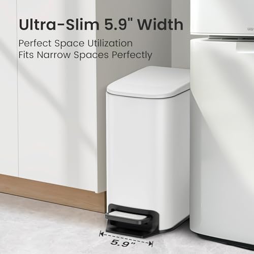 Cesun-Small-Bathroom-Trash-Can-with-Lid-16-Gal-Soft-Close-White-Step-pedal-soft-close-Slim-59in-fits-narrow-spaces-Stainless-steel-Anti-fingerprint-Removable-inner-bucket-Odor-seal