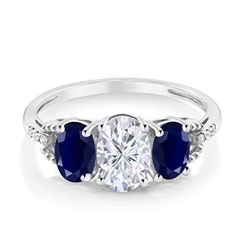 Gem Stone King 10K White Gold Blue Sapphire and Moissanite 3-Stone Engagement Ring For Women (2.02 Cttw, Available In Size 5, 6, 7, 8, 9)3