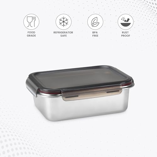 Image of MILTON Steel Lock and Store Rectangular 650 Stainless Steel Container with four side lock plastic lid, 600 ml, Silver | Tiffin | Food Grade | Refrigerator Safe | BPA Free