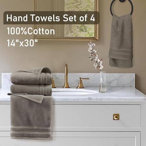 Image of VOOVA & MOVAS 4 Pcs Hand Towels (14 inchx30 inch) - 100% Cotton | Thick 480GSM | Light Weight | Absorbent | Soft, Fluffy Hand Towel for Bathroom & Kitchen, Guest Use & Home Decor, Brown