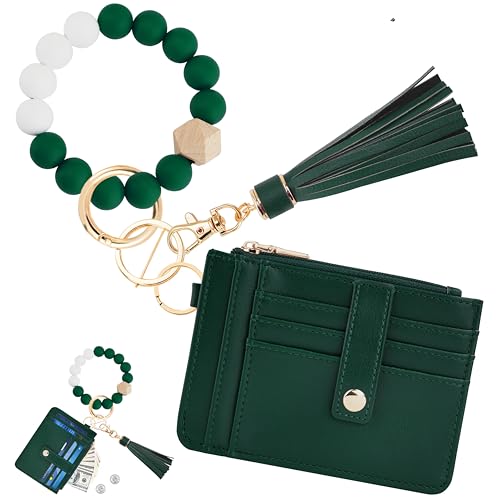 Image of KNGITRYI Wristlet Wallet for Women,RFID Keychain Wallet with Beaded Strap | 8 Card Slots,ID Window,Zipper Pocket,Leather Tassel,Compact Design
