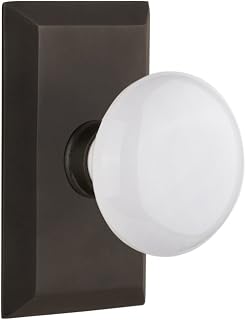 Nostalgic Warehouse Studio Plate with White Porcelain Knob, Privacy - 2.375", Oil-Rubbed Bronze