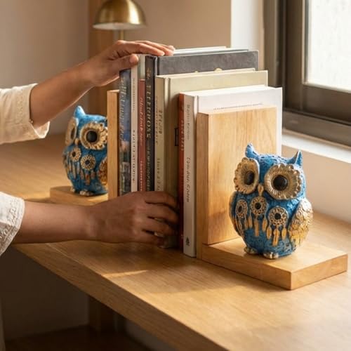Image of eCraftIndia Wooden Book End with Owl Statue for Good Luck Showpiece for Home Decor Office Table | Gift for Housewarming Birthday